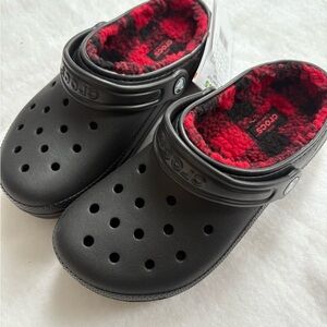 Crocs Black and Red Fleece-Lined Clogs